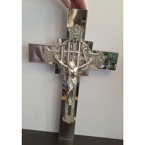 IHS Monogram Filigree Plastic Crucifix Mounted On Beveled Mirror Backing 16.5 In